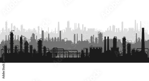 Dynamic industrial skyline silhouette featuring factory buildings and refinery structures, symbolizing economic growth, energy production, and urban development