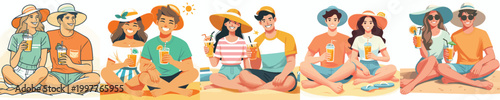 vector of a couple sitting on the beach together in summer clothes holding drinks