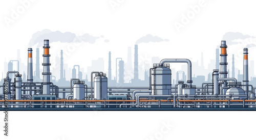 Industrial Oil Refinery Complex with Smoke Stacks and Storage Tanks, Vast Chemical Processing Plant
