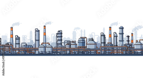 Industrial landscape with factories and refineries, showing a complex network of pipes and structures under a pale sky, representing industrial production and manufacturing