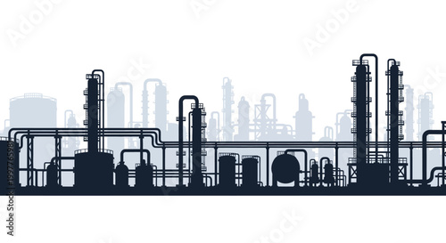 Industrial landscape silhouette of a complex chemical plant with towers, pipes, and tanks under a bright sky, representing heavy industry and manufacturing processes