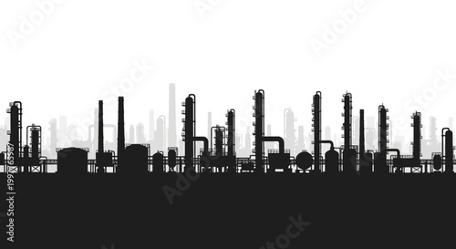 Industrial cityscape silhouette with multiple factory structures and tall smokestacks under a bright sky, representing heavy industry and manufacturing