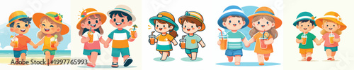 vector of a two children walking together dressed in summer holding drinks