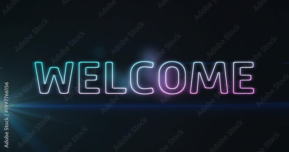 Fototapeta premium Glowing neon uppercase WELCOME text filling center in dark studio with blue streak and flare