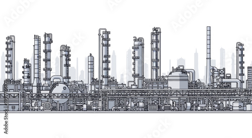 Detailed illustration of an industrial chemical plant, featuring towering units and complex pipeline systems. Represents modern energy and manufacturing