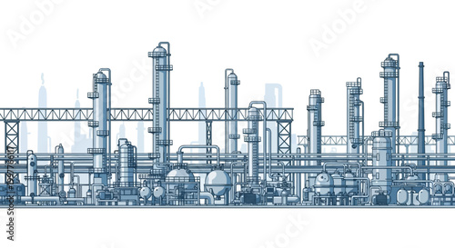 Modern industrial complex blueprint illustration, showcasing extensive network of pipes, tanks, and processing towers for energy and chemical production infrastructure