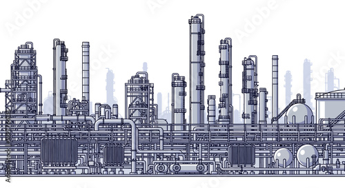 Industrial complex with numerous pipes, towers, and tanks, showcasing a large-scale manufacturing and production facility