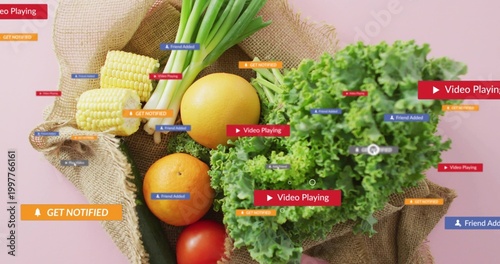 Showing burlap sack holding lettuce, oranges, corn and tomato on pink backdrop, with digital badges