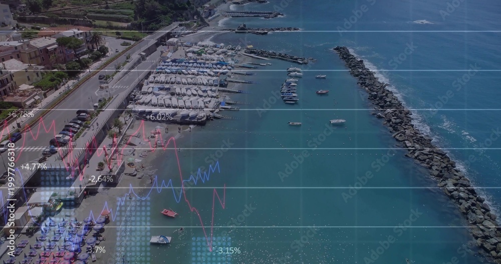 Obraz premium Showing harbor breakwater with moored boats and visitors in swimwear on beach, with overlay charts