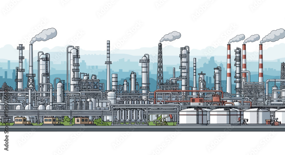 Fototapeta premium Detailed panoramic illustration of a modern industrial complex, featuring multiple smokestacks, storage tanks, and intricate piping, symbolizing energy production and refinery operations