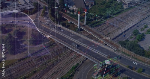 Running elevated overpass carrying lanes of traffic at highway interchange, showing data overlays