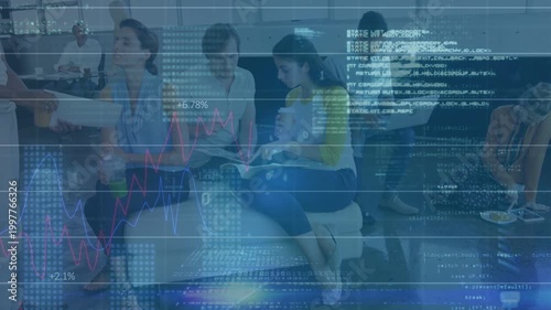 Business team reviewing mockups in lounge, colleague handing sheets, HUD revealing faces and charts