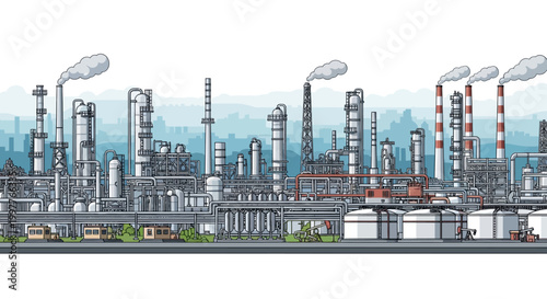 Detailed panoramic illustration of a modern industrial complex, featuring multiple smokestacks, storage tanks, and intricate piping, symbolizing energy production and refinery operations