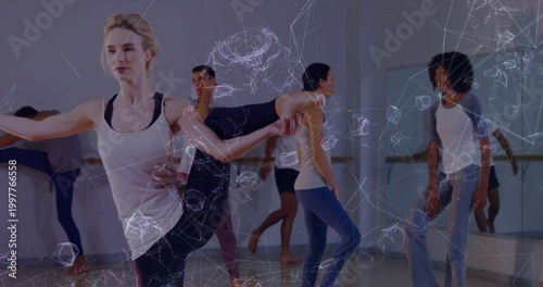 Принти на полотні Balancing dancer wearing tank, leggings, holding raised leg in studio, mirror sh