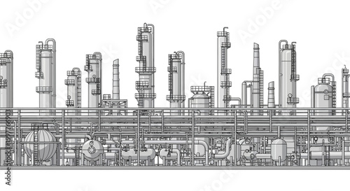 Detailed architectural illustration of a complex industrial chemical plant with intricate piping and distillation towers, showcasing heavy industry infrastructure