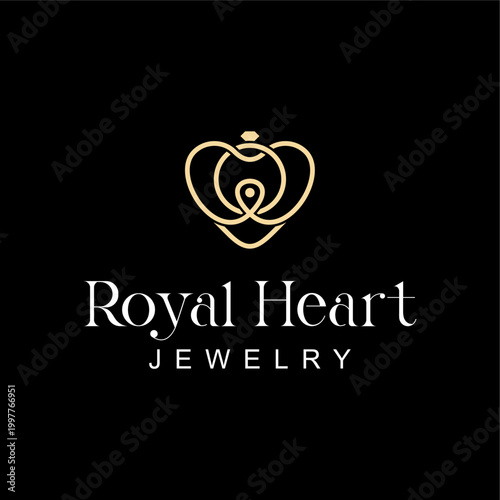 Luxury heart jewelry logo with diamond and pin location symbol. Elegant gold line art for wedding organizer, jewelry store, or luxury travel.