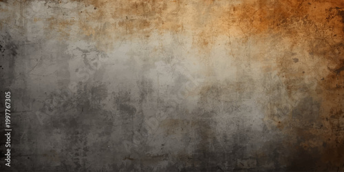 A dark aged vintage backdrop featuring a rough rusty metal surface with a dirty grunge texture and an old brown antique paint pattern on a weathered gray concrete wall