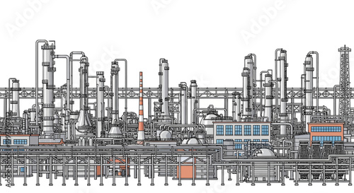 Detailed illustration of an expansive industrial complex featuring intricate pipework, towering distillation columns, and multiple processing units, showcasing a sophisticated manufacturing facility