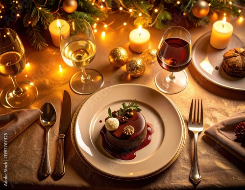 Elegant festive holiday dinner setting with candles champagne wine glasses Christmas decorations gourmet dessert rich colors warm glow ambiance
