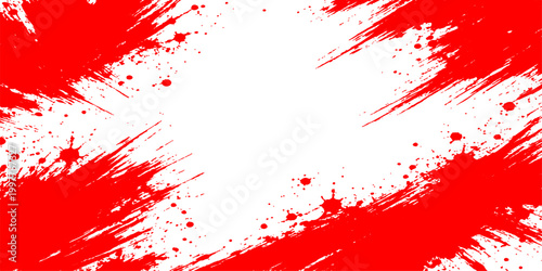 Red grunge background with artistic paint splashes and splattered ink texture featuring a dirty drip pattern and spray illustration for a red blood stain vector wallpaper design