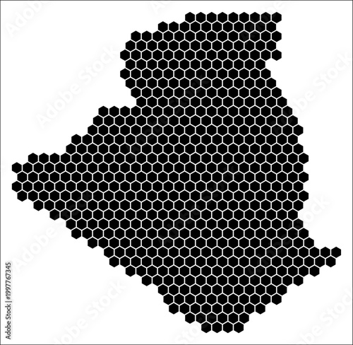 Algeria simple black and white hexagon map shape template. Country plain hexagon cell dots. Algeria flat honeycomb boundary. Vector Illustration.