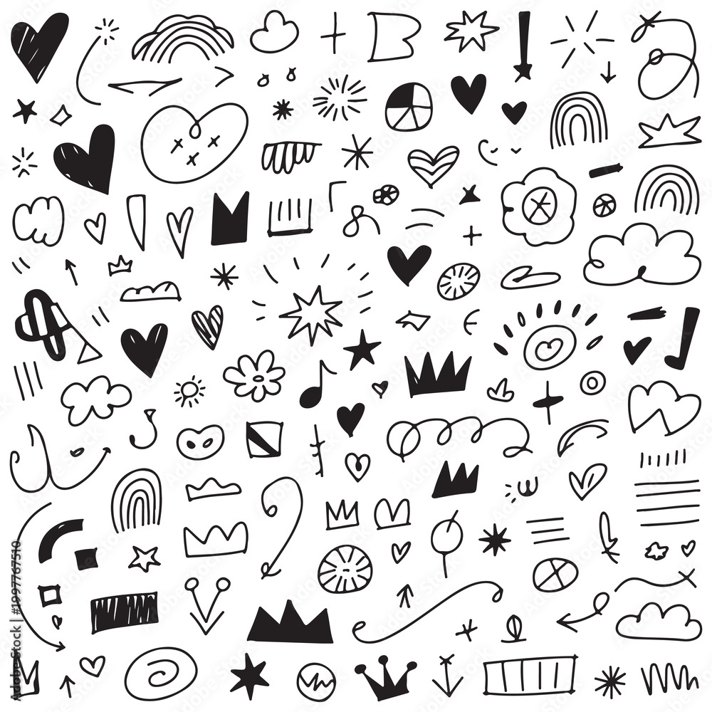 Naklejka premium Collection of hand drawn doodle shapes and icons including hearts stars clouds crowns and arrows in a simple sketchy black ink style