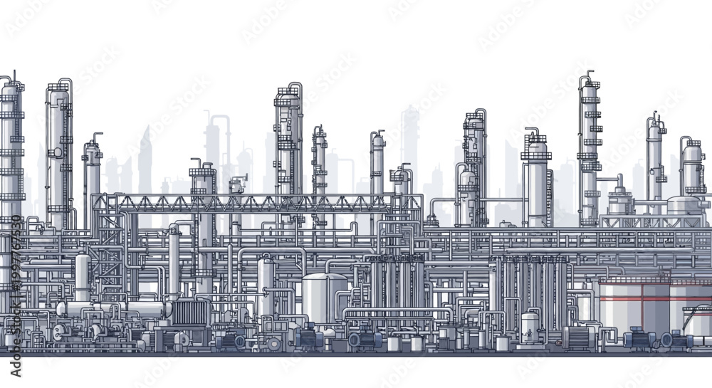 Obraz premium Industrial complex illustration depicting a chemical plant or oil refinery with pipes, towers, and tanks. Modern infrastructure for energy production
