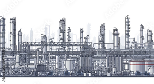 Industrial complex illustration depicting a chemical plant or oil refinery with pipes, towers, and tanks. Modern infrastructure for energy production