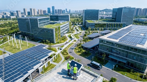 Aerial view of modern eco-friendly office buildings with solar panels on roofs, green architecture, sustainable urban development, engineers inspecting photovoltaic system, clean