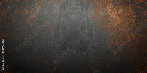 An aged and rusty metal plate texture features a dark brown grunge pattern with a rough vintage surface and dirty paint design on an antique backdrop