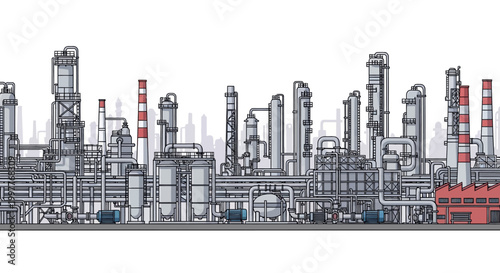 Industrial complex illustration. Modern refinery with processing units, pipelines, and chimneys, representing heavy industry, manufacturing, and energy production