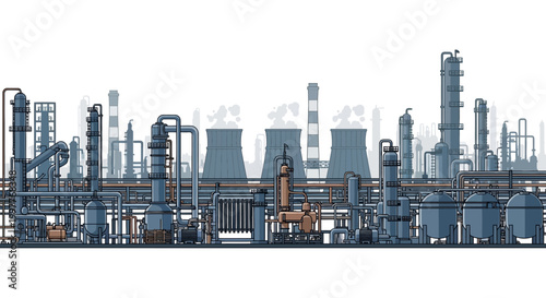 Industrial complex with towering structures and steam emissions, representing manufacturing and heavy industry with a focus on energy production and chemical processing
