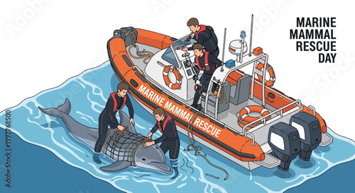 Isometric vector illustration depicting a Marine Mammal Rescue Day scene, showcasing a rescue team helping an injured dolphin onto a boat with life preservers, against a backdrop of ocean