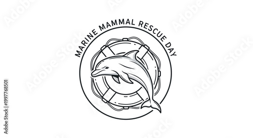 Monochrome vector illustration promoting Marine Mammal Rescue Day, featuring a dolphin swimming through a life preserver against a clean white background, designed to raise ocean