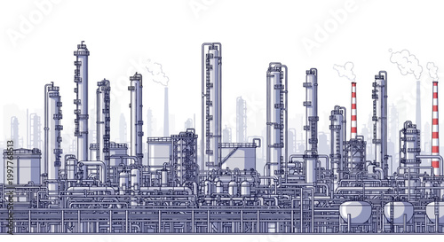 Stylized illustration of an industrial refinery with pipes, tanks, and smokestacks. Represents large-scale energy production and modern manufacturing infrastructure