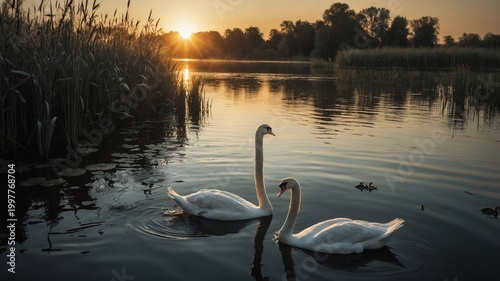 Two elegant swans gracefully swim in a serene lake at sunset, surrounded by lush greenery and calm waters