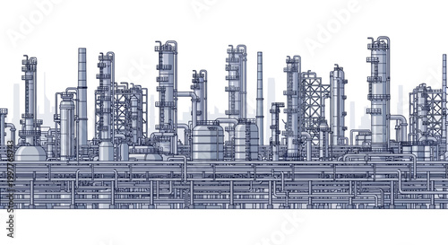 Detailed blueprint illustration of a vast industrial refinery complex with numerous pipes, towers, and intricate structures, symbolizing energy production, engineering, and global resource processing