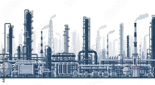 Illustration of a large industrial plant featuring complex pipelines, distillation columns, and smokestacks, depicting energy production and manufacturing