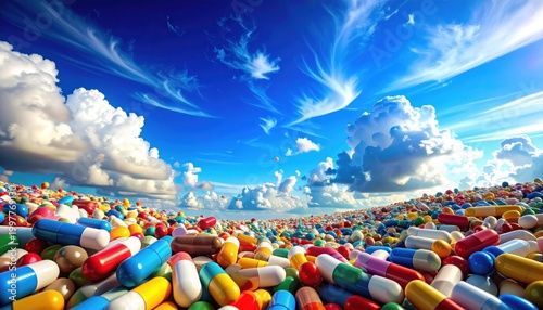 Overwhelming mass of colorful pills spread across a landscape under a blue sky