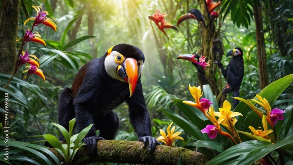 Fototapeta premium Colorful toucan perched on a branch in a vibrant tropical rainforest surrounded by blooming orchids