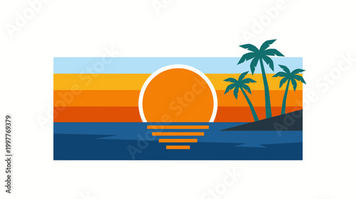Vibrant Tropical Sunset Scene with Palm Trees and Ocean Horizon, a Beautiful Flat Design Illustration of Paradise Beach at Dusk