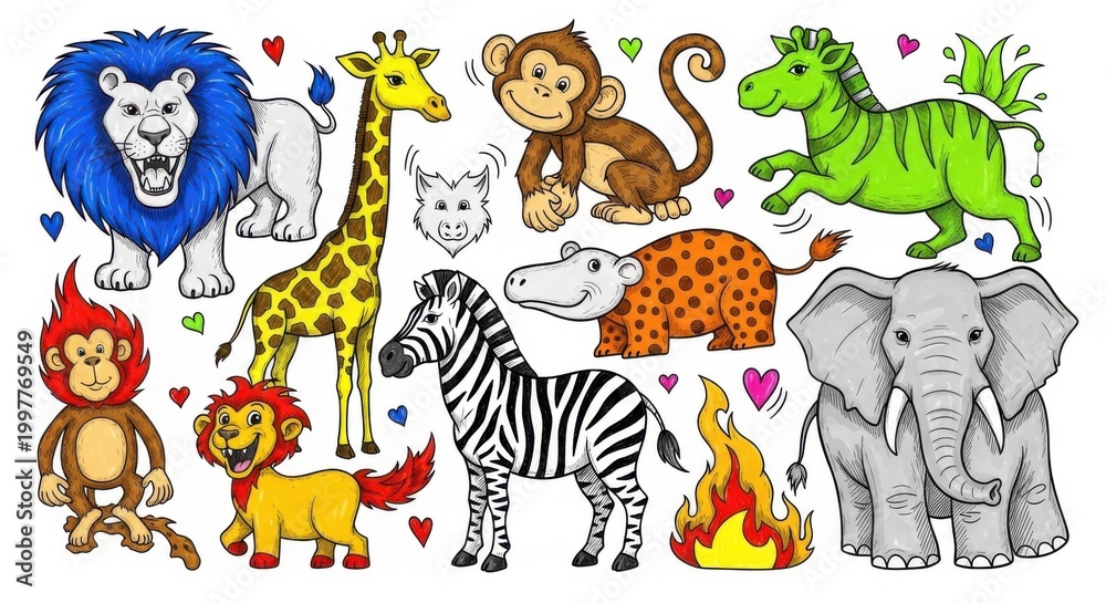 Obraz premium Colorful Cartoon Animals with Playful Traits and Expressions