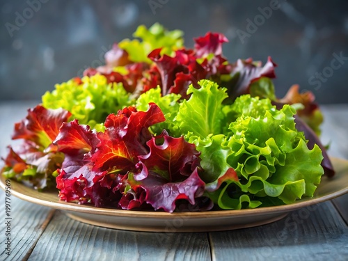 Fresh red and green lettuce leaves on a plate