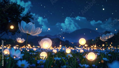 Night scene with glowing flowers, field, stars, and mountains in the background