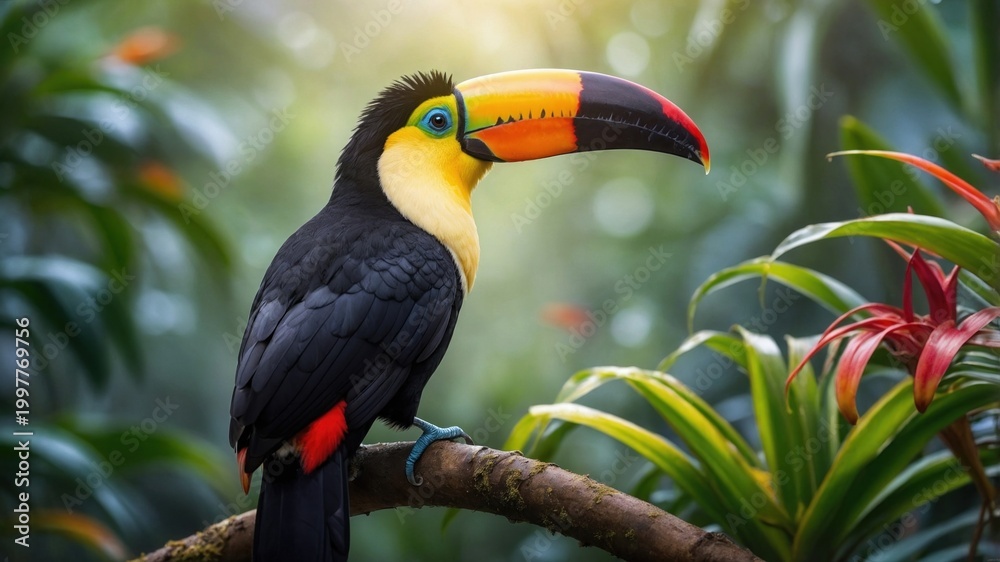 Fototapeta premium Vibrant toucan perched on a branch amidst lush tropical foliage, sunlight filtering through leaves