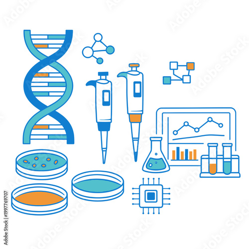 2D illustration of a modern biotechnology research scene with a double helix DNA strand, Petri dishes, and electronic pipettes