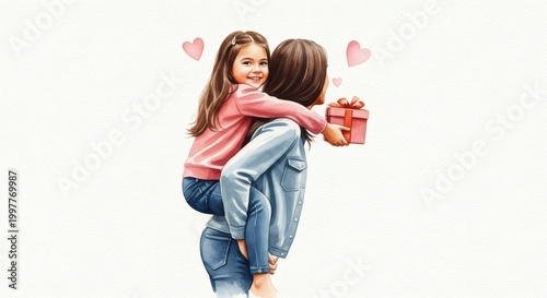 Happy Mother and Daughter Piggyback with Gift