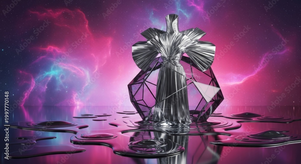 Obraz premium High-fashion metallic garment draped over a crystalline geometric structure amidst a surreal pink nebula and reflective liquid mercury pools, structure, surreal, stillness