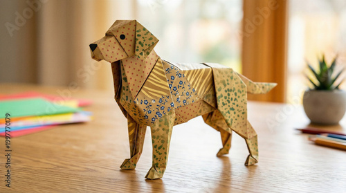Origami dog sculpture standing on wooden table