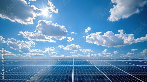 Vast solar panels efficiently capturing radiant sunlight under a vibrant blue sky with scattered cloud motion video.
